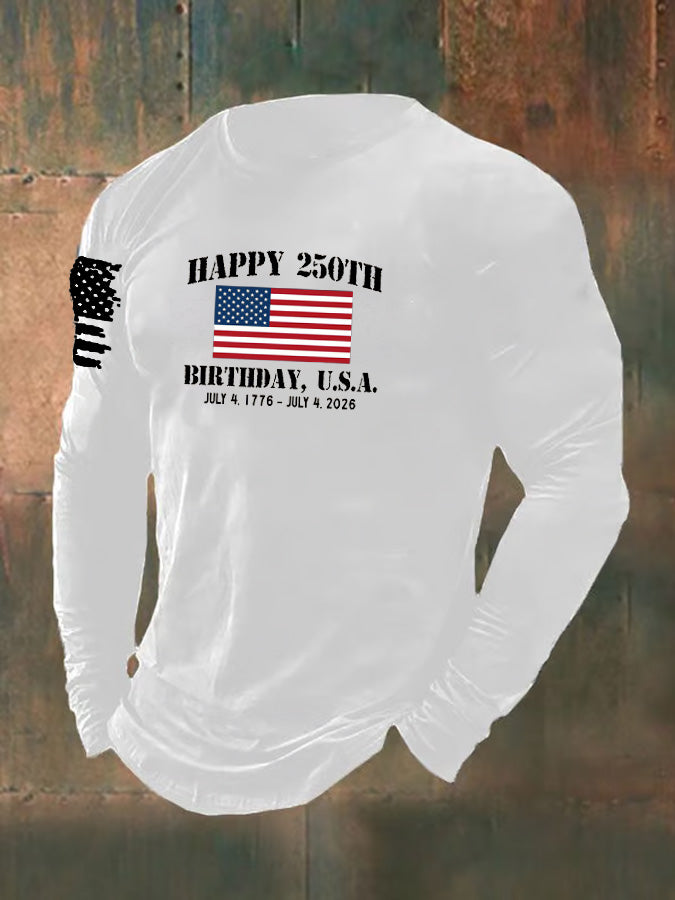 Men's Happy 250th Birthady U.S.A. Pattern Long Sleeve 100% Cotton T-Shirt