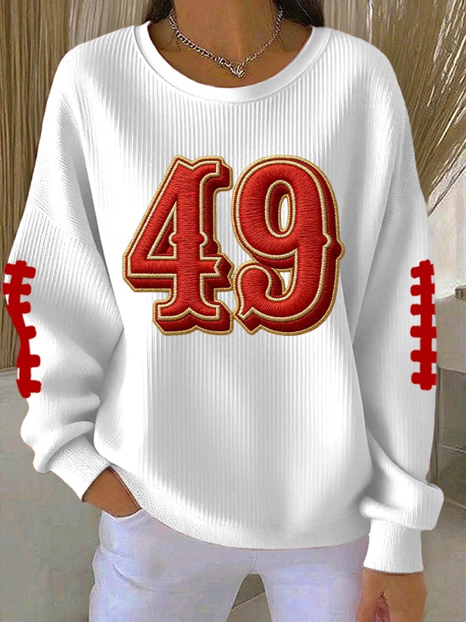 Women's Football Print Knit Crew Neck Long Sleeve Top