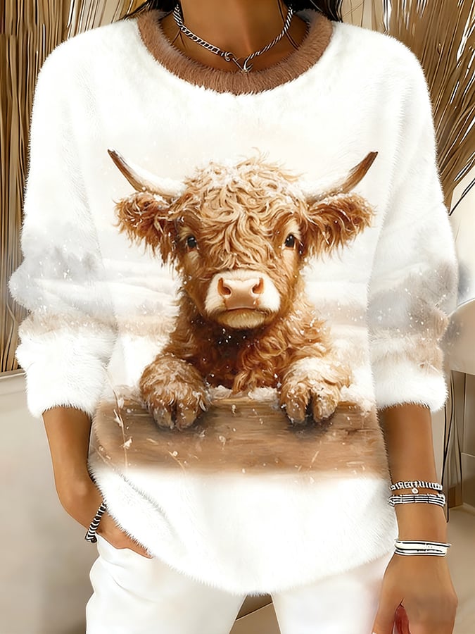 Women's Animal Highland Cow Art Print Round Neck Top