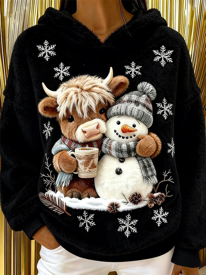 Women's Highland Cow Snowman Flannel Hooded Sweatshirt